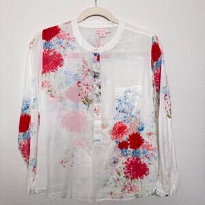 JW Womens Blouse Top Size S Artsy Floral Boho Lightweight Cotton White
